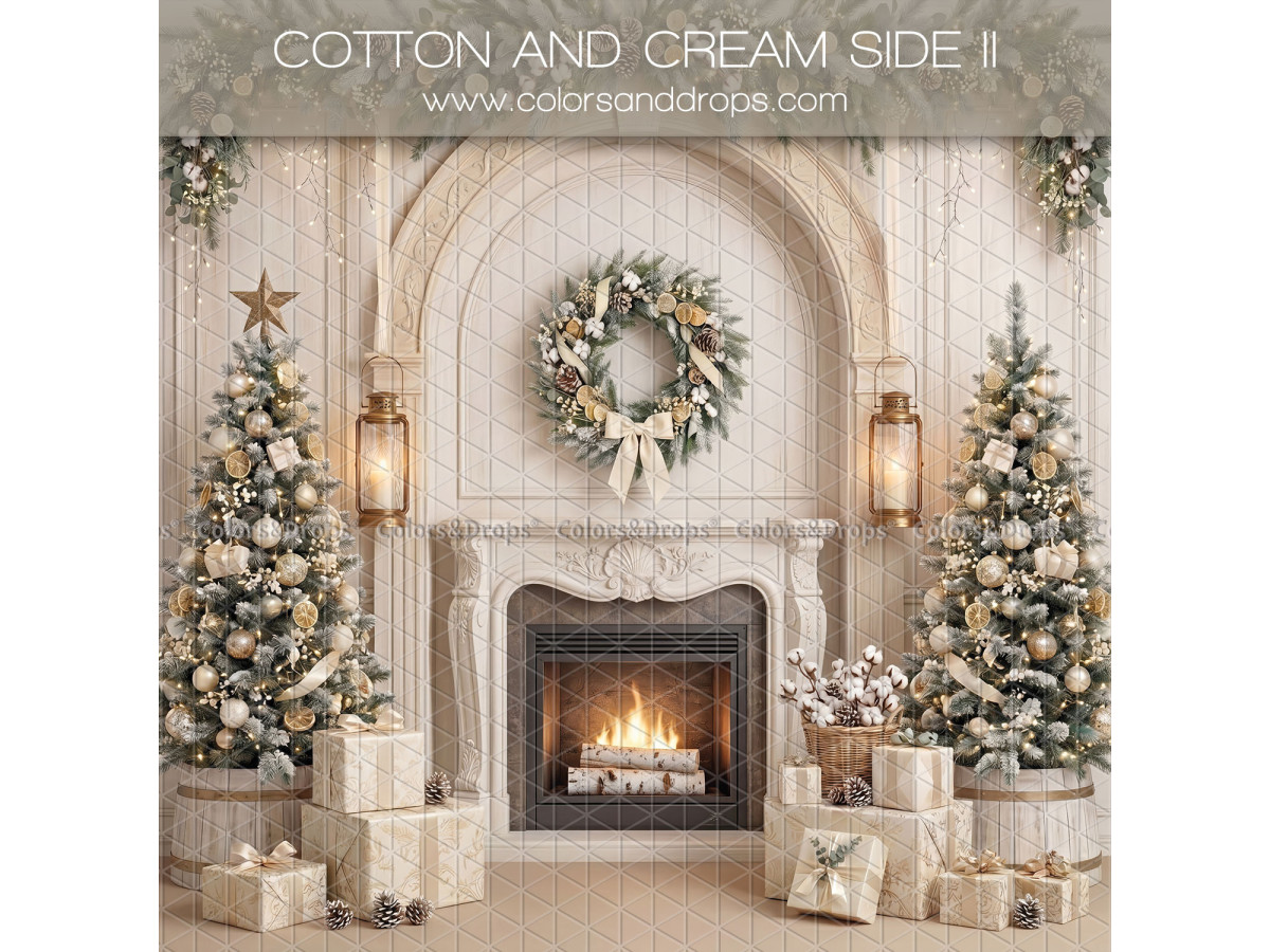 Fond photo latéral de Noël Cotton and Cream Side II – cheminée crème sous arche avec couronne et sapins | Colors&Drops