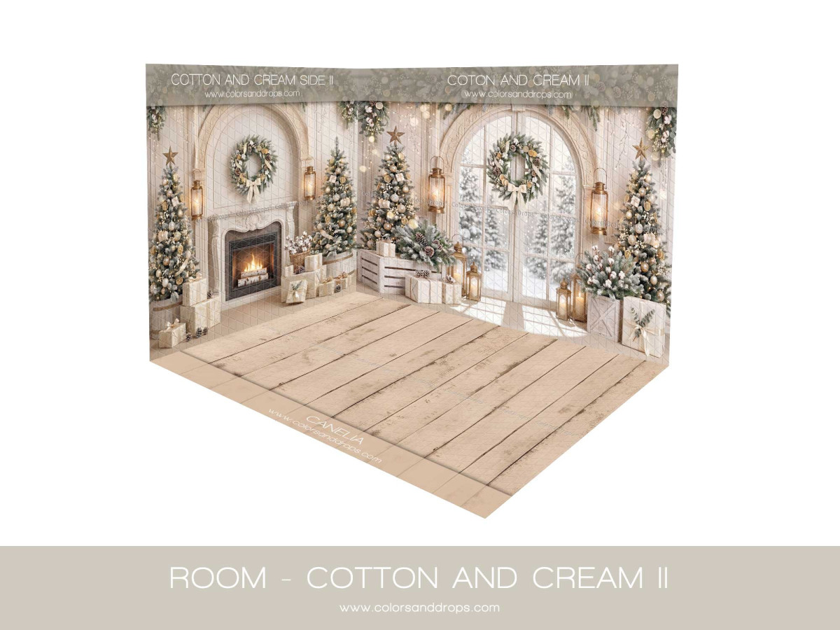 Fond photo d'angle Room Noël Cotton and Cream II – salon de Noël crème en coin avec planches claires | Colors&Drops