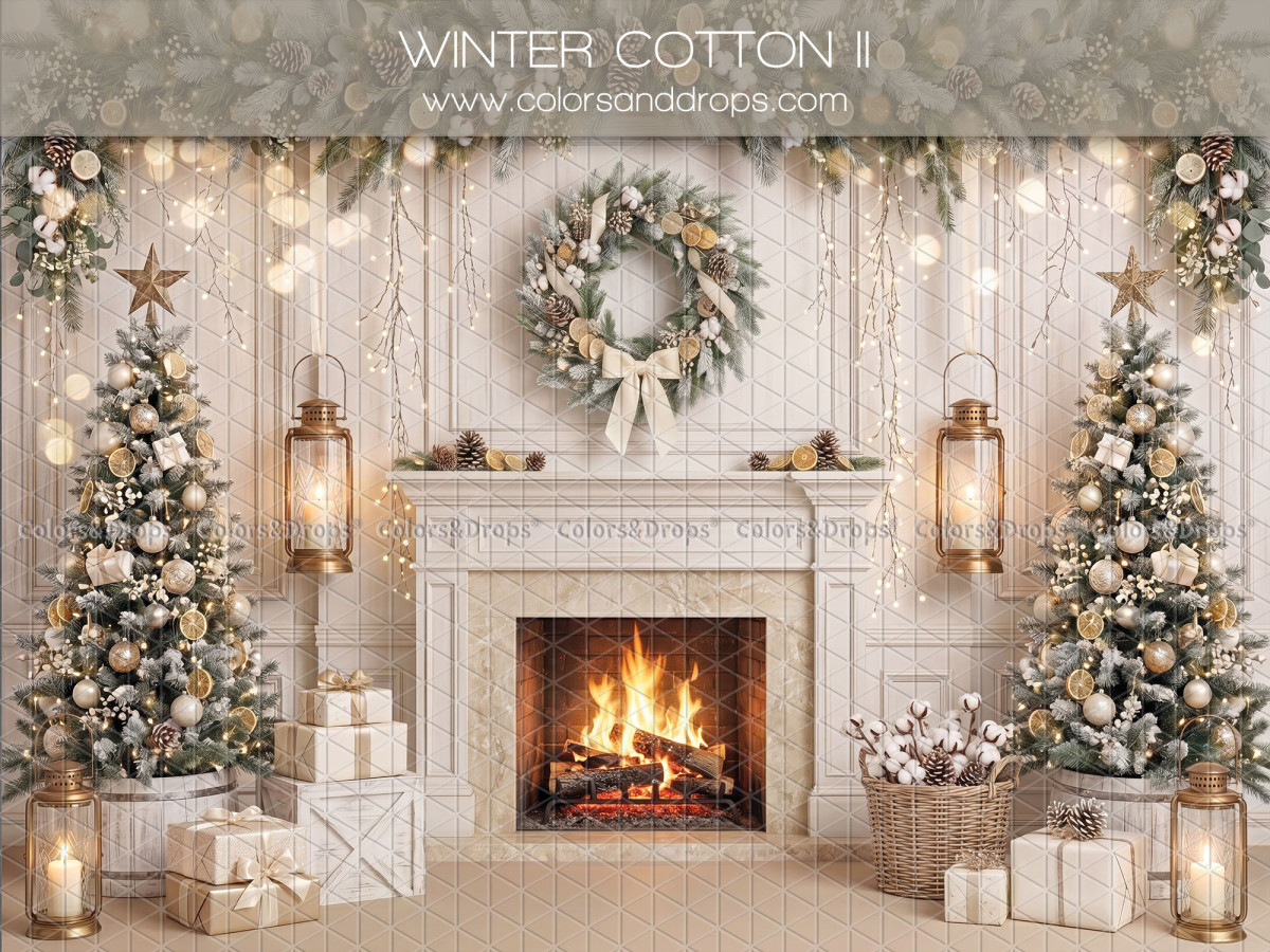 Fond photo de Noël Winter Cotton II – cheminée crème avec couronne à nœud et lanternes | Colors&Drops