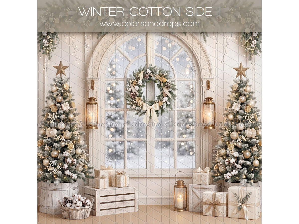 Fond photo latéral de Noël Winter Cotton Side II – fenêtre cintrée enneigée avec couronne et caisses | Colors&Drops