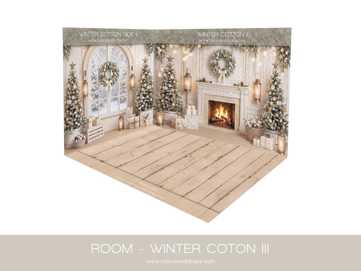 Fondo fotográfico de esquina Room Noël Winter Cotton III – salón navideño crema en esquina con parquet claro | Colors&Drops