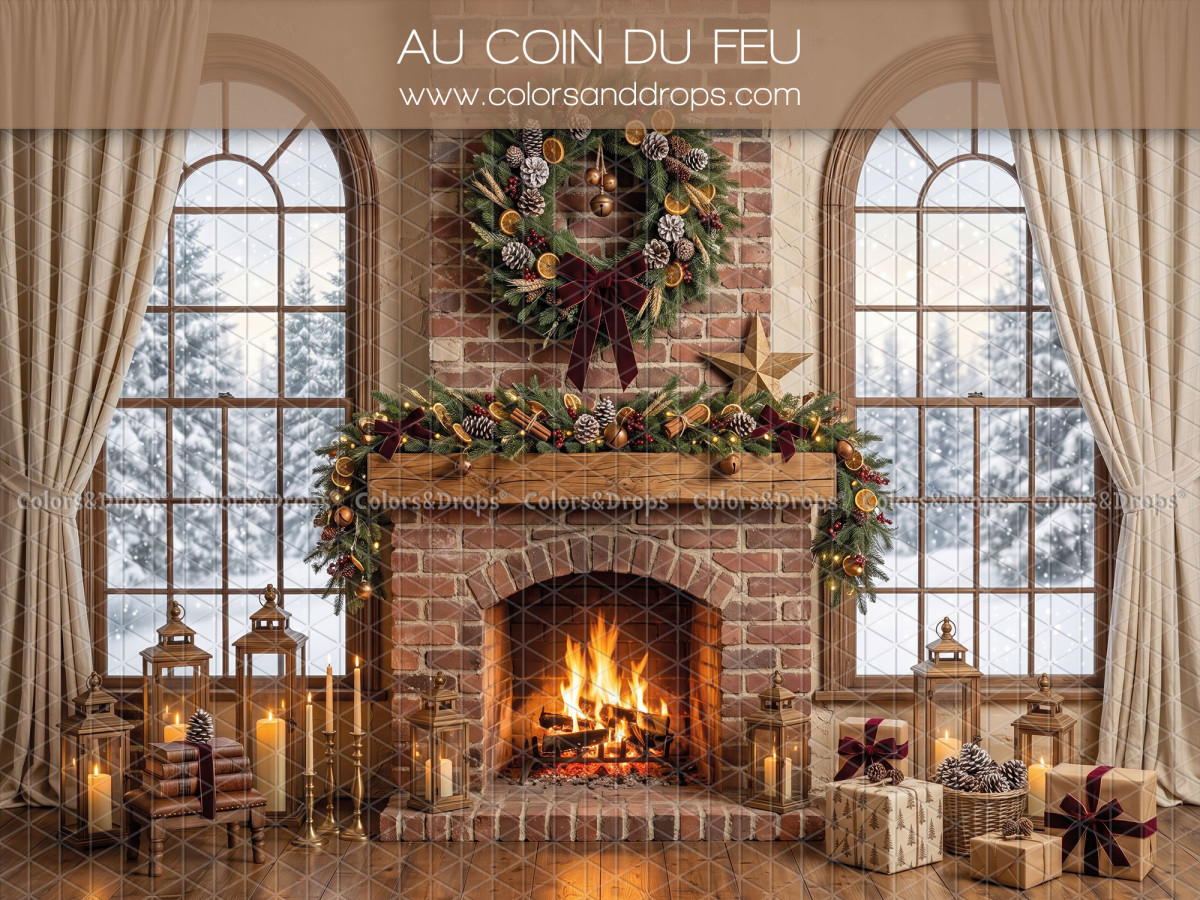 Fond photo de Noël Au Coin du Feu – cheminée en brique entre fenêtres enneigées | Colors&Drops