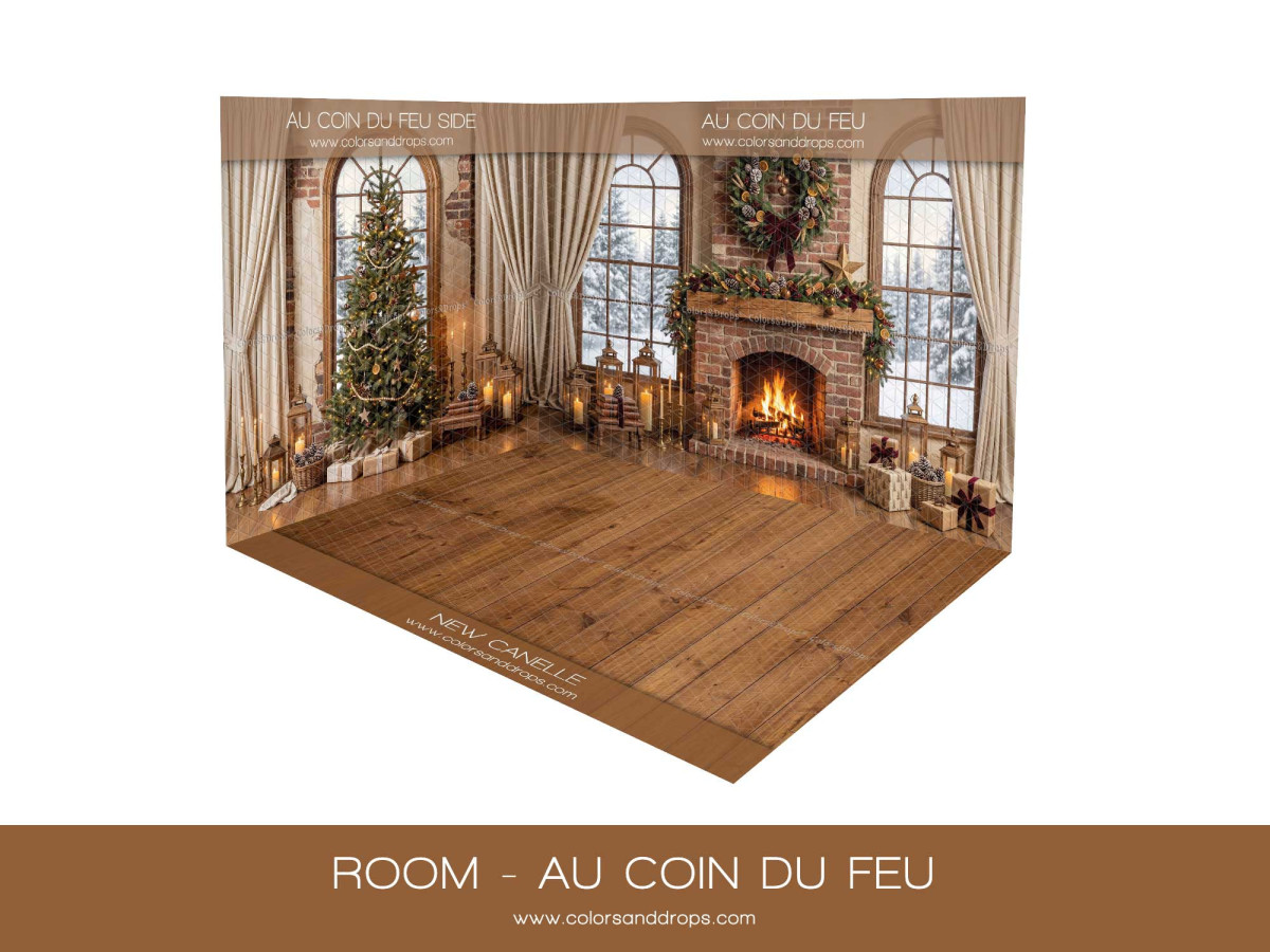 Fond photo d'angle de Noël Au Coin du Feu – salon de Noël au coin du feu en coin avec parquet | Colors&Drops