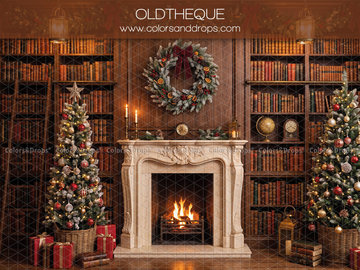 Fond photo de Noël Oldtheque – bibliothèque ancienne avec cheminée blanche et sapins | Colors&Drops