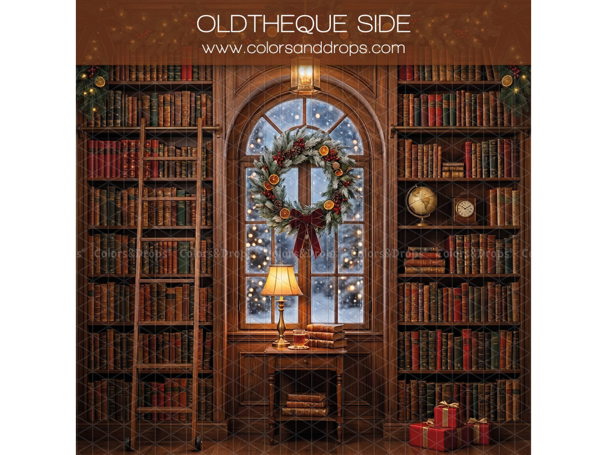 Fond photo latéral de Noël Oldtheque Side – bibliothèque ancienne avec fenêtre cintrée et couronne | Colors&Drops