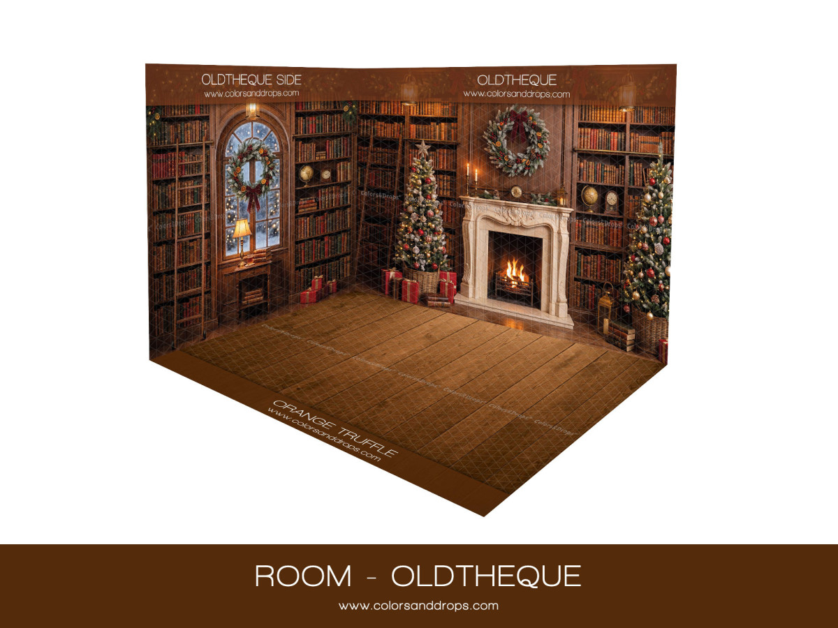 Fondo fotográfico de esquina de Navidad Oldtheque – biblioteca navideña antigua en esquina con parquet | Colors&Drops