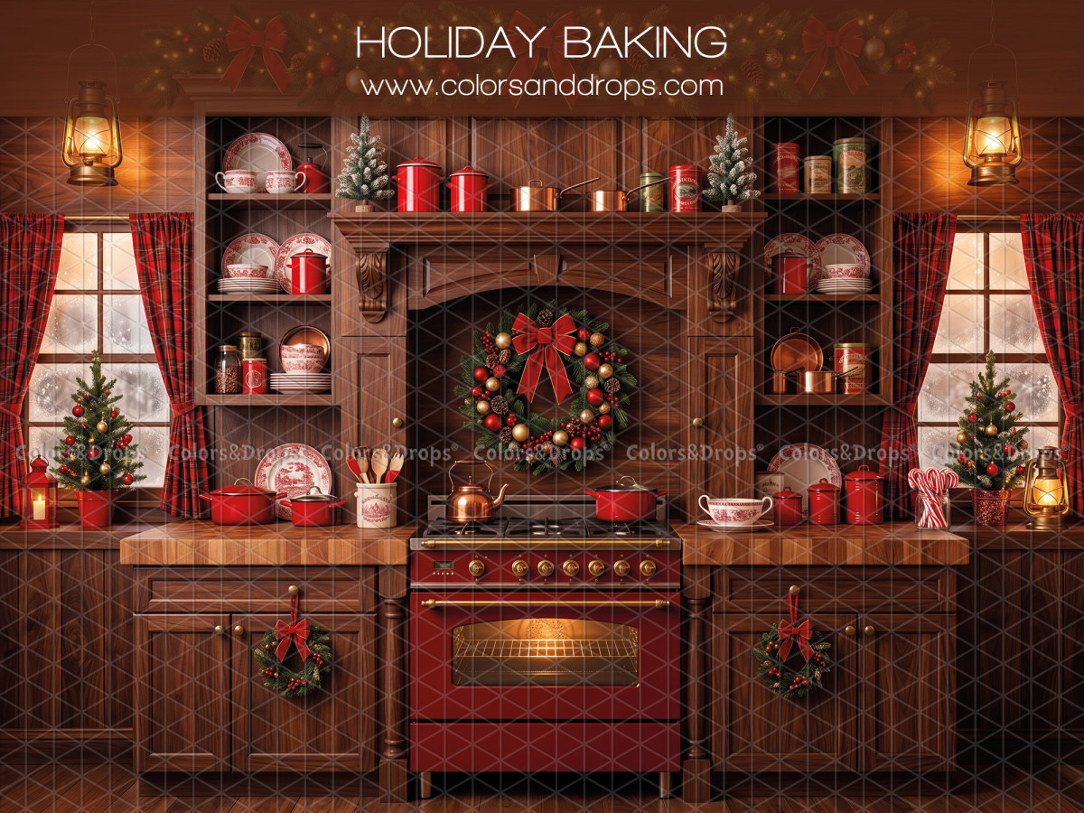Fond photo de Noël Holiday Baking – cuisine de Noël en bois avec cuisinière rouge | Colors&Drops