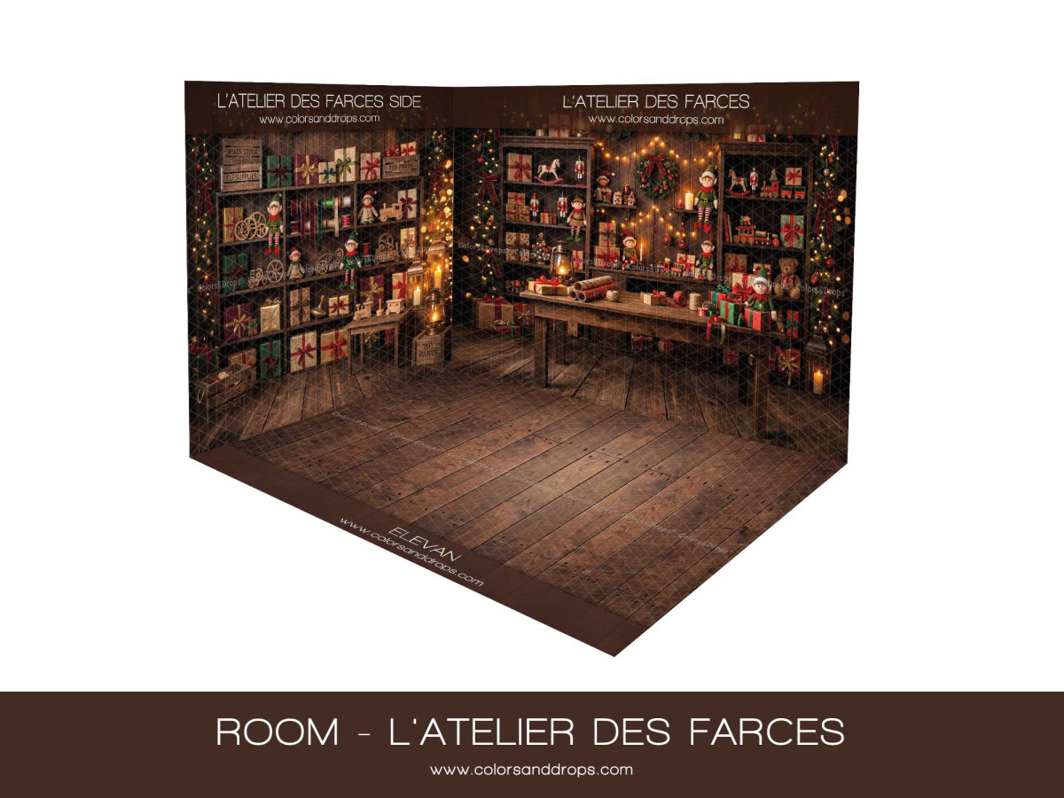 Fond photo d'angle de Noël Room Photo L'Atelier des Farces – atelier des lutins en coin avec parquet foncé | Colors&Drops
