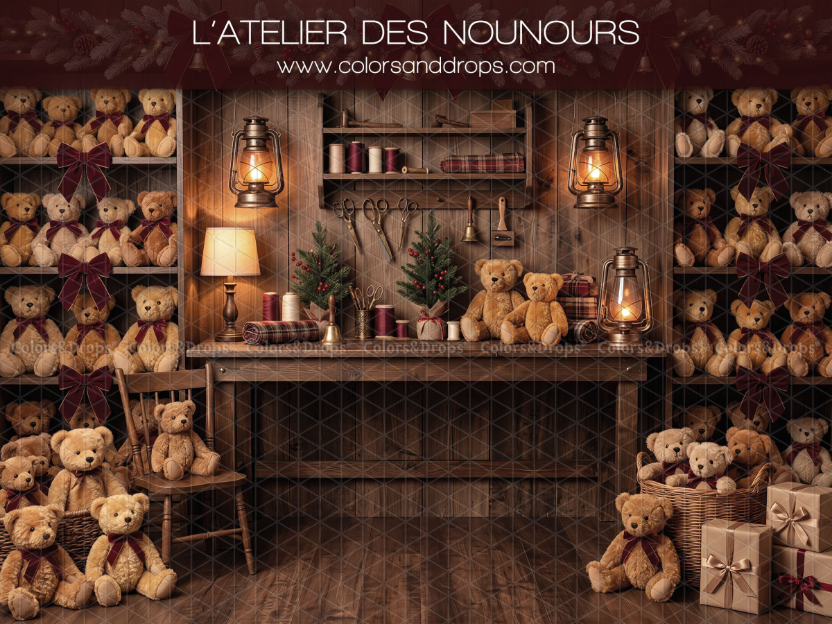 Fond photo de Noël L'Atelier des Nounours – atelier des nounours avec étagères d'oursons et établi | Colors&Drops