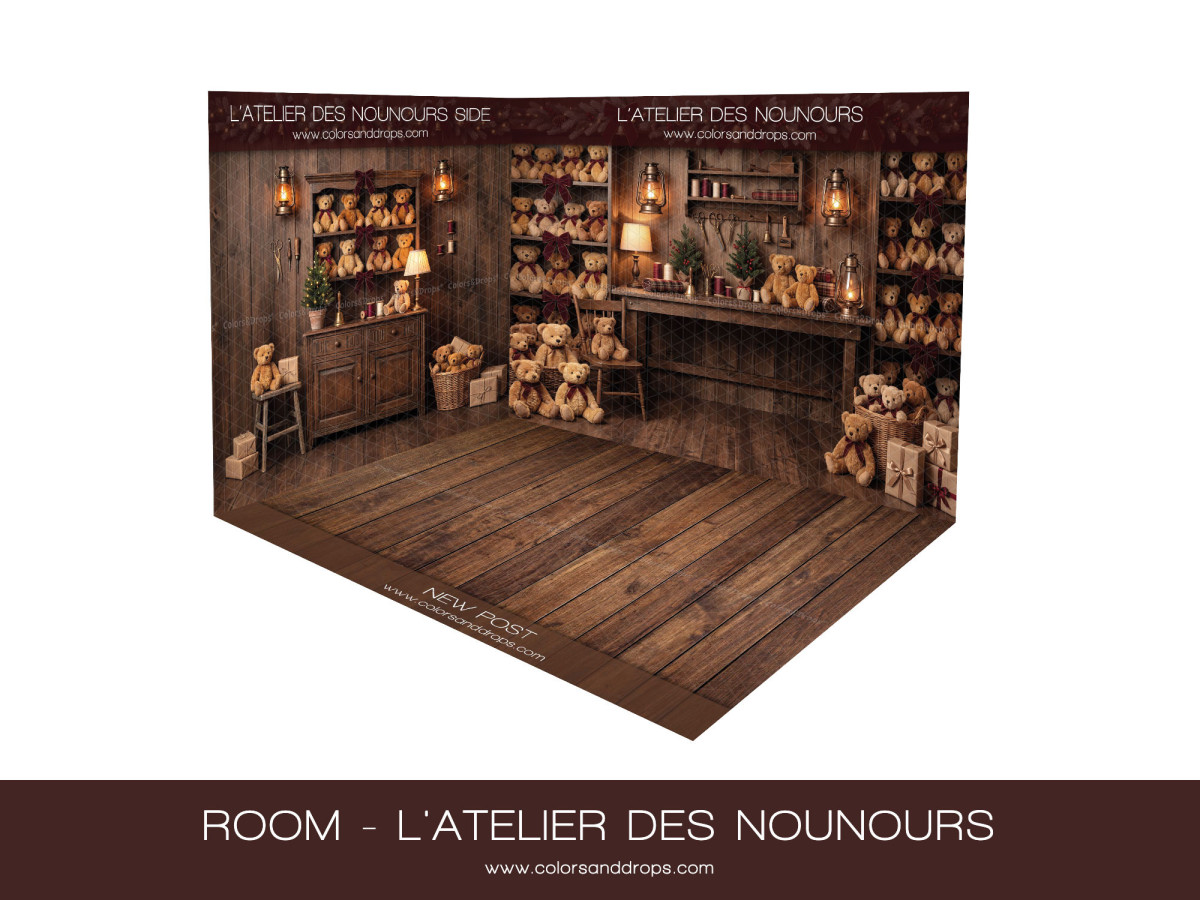 Fond photo d'angle de Noël L'Atelier des Nounours – atelier des nounours en coin avec parquet | Colors&Drops