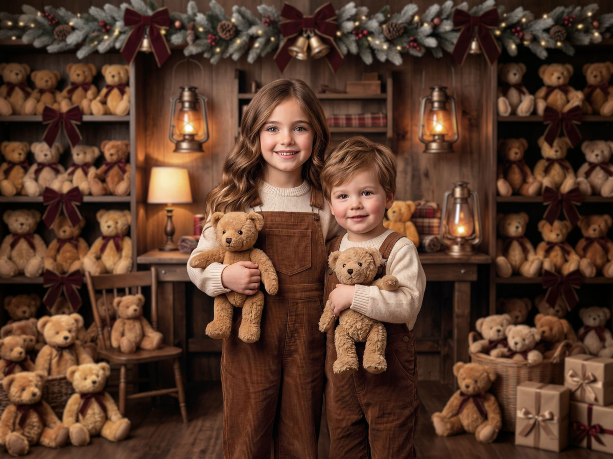 Fond photo d'angle de Noël L'Atelier des Nounours – atelier des nounours en coin avec parquet | Colors&Drops