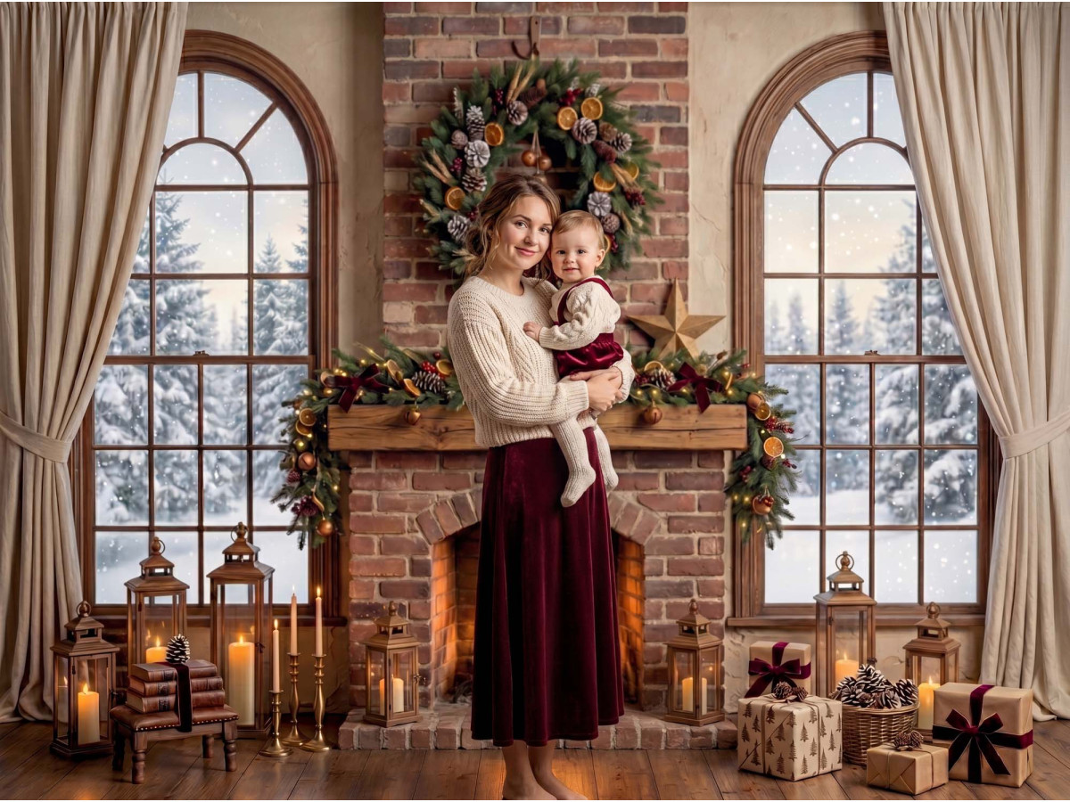 Fond photo d'angle de Noël Au Coin du Feu – salon de Noël au coin du feu en coin avec parquet | Colors&Drops