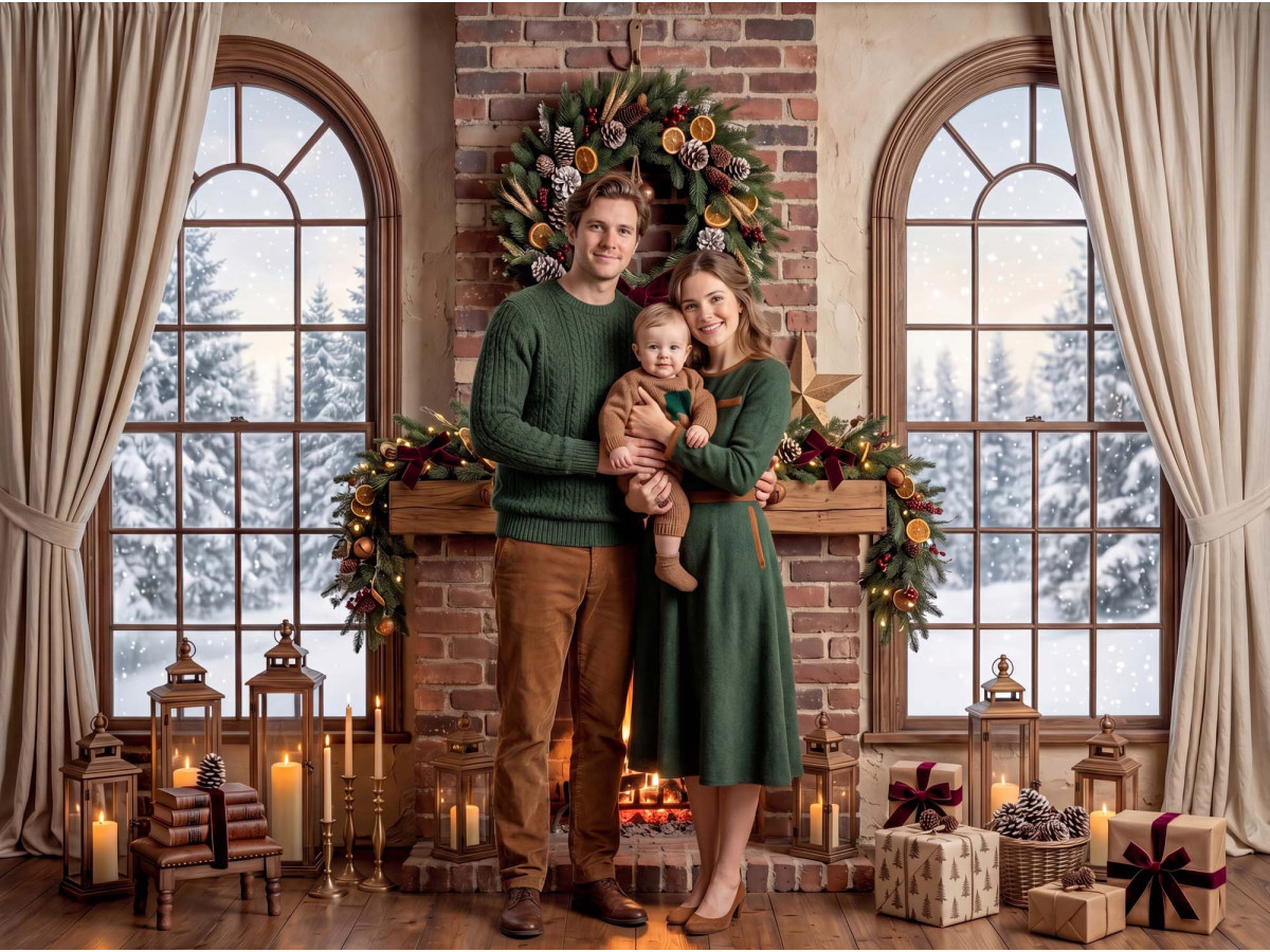 Fond photo d'angle de Noël Au Coin du Feu – salon de Noël au coin du feu en coin avec parquet | Colors&Drops