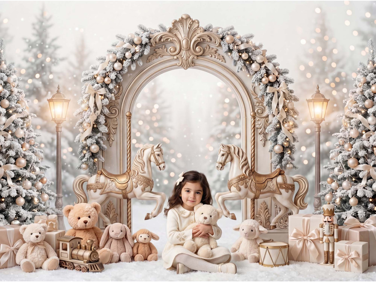 Fond photo de Noël Winter Dream – arche enneigée avec chevaux de manège et oursons | Colors&Drops