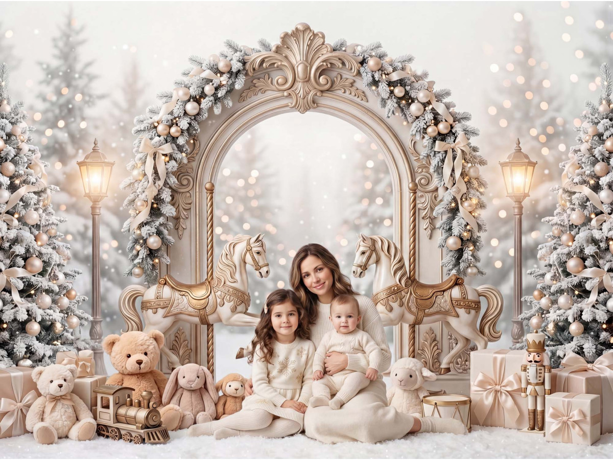 Fond photo de Noël Winter Dream – arche enneigée avec chevaux de manège et oursons | Colors&Drops