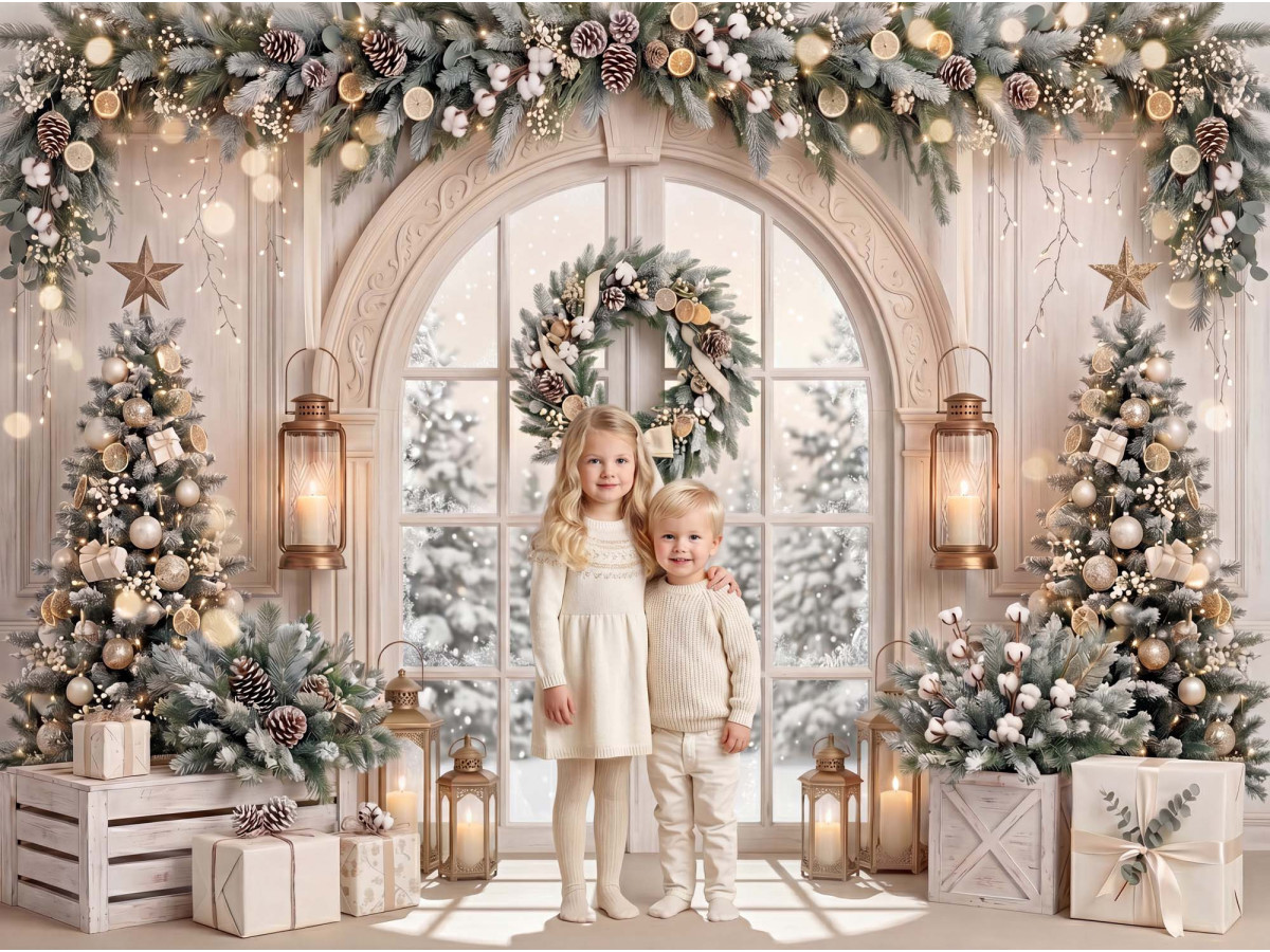 Christmas photo backdrop Cotton and Cream II – arched French door with wreath and gift crates | Colors&Drops