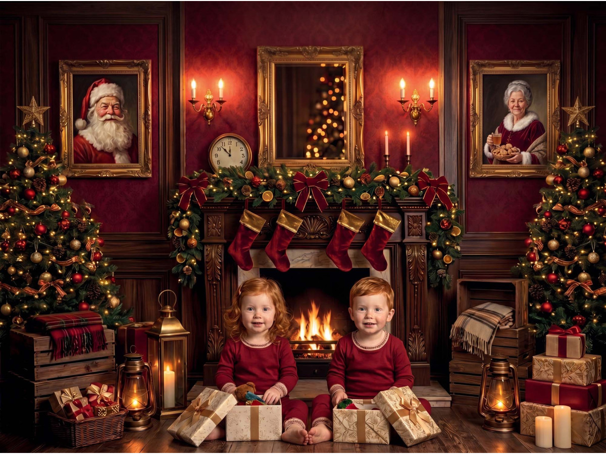 Fond photo d'angle de Noël Holly Manor – manoir de Noël en coin avec escalier et parquet | Colors&Drops