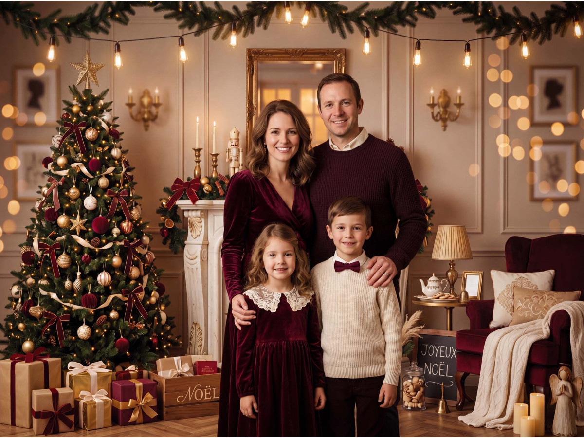Fond photo de Noël Cheminee Chic – cheminée blanche chic de Noël avec sapin et chaussettes | Colors&Drops