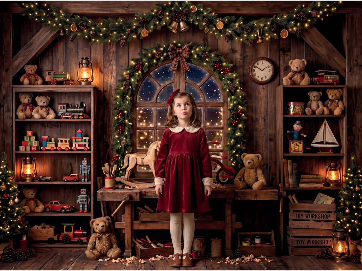 Fond photo de Noël Santa Toys – atelier des jouets du Père Noël avec fenêtre et ours | Colors&Drops
