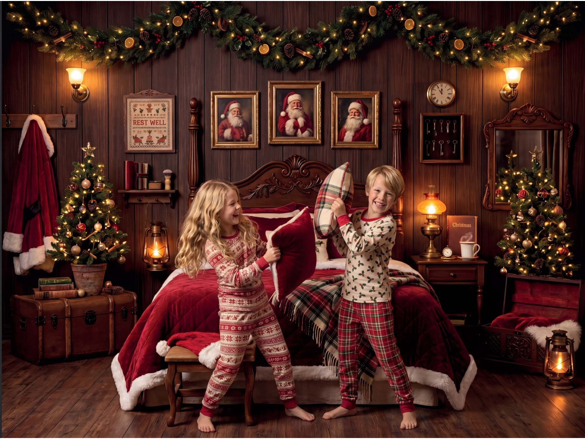 Fond photo de Noël La Chambre du Pere Noel – chambre du Père Noël avec lit et plaid écossais | Colors&Drops