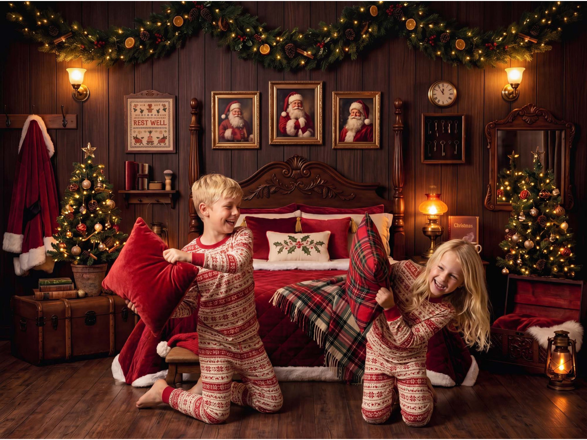 Fond photo de Noël La Chambre du Pere Noel – chambre du Père Noël avec lit et plaid écossais | Colors&Drops