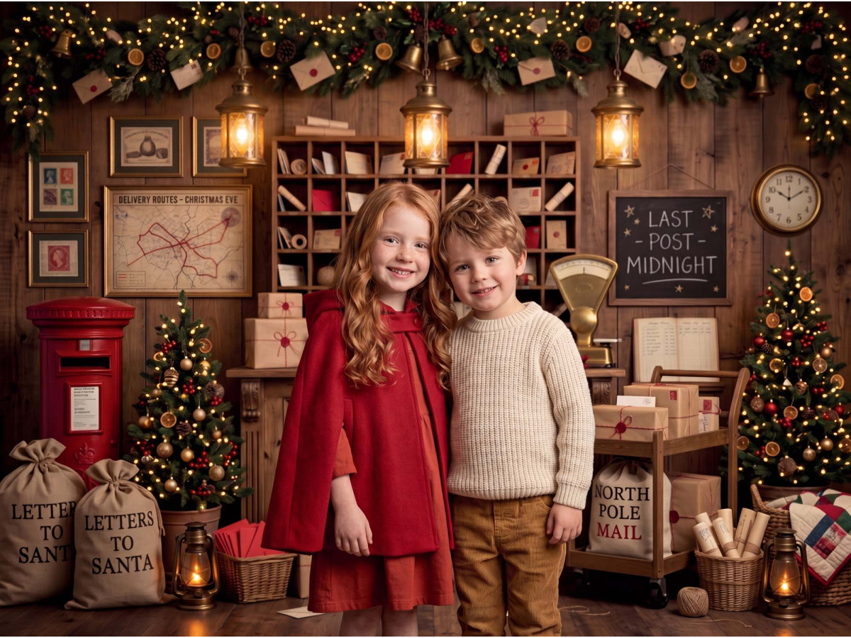 Fond photo d'angle de Noël North Pole Post – bureau de poste du pôle Nord en coin avec parquet | Colors&Drops