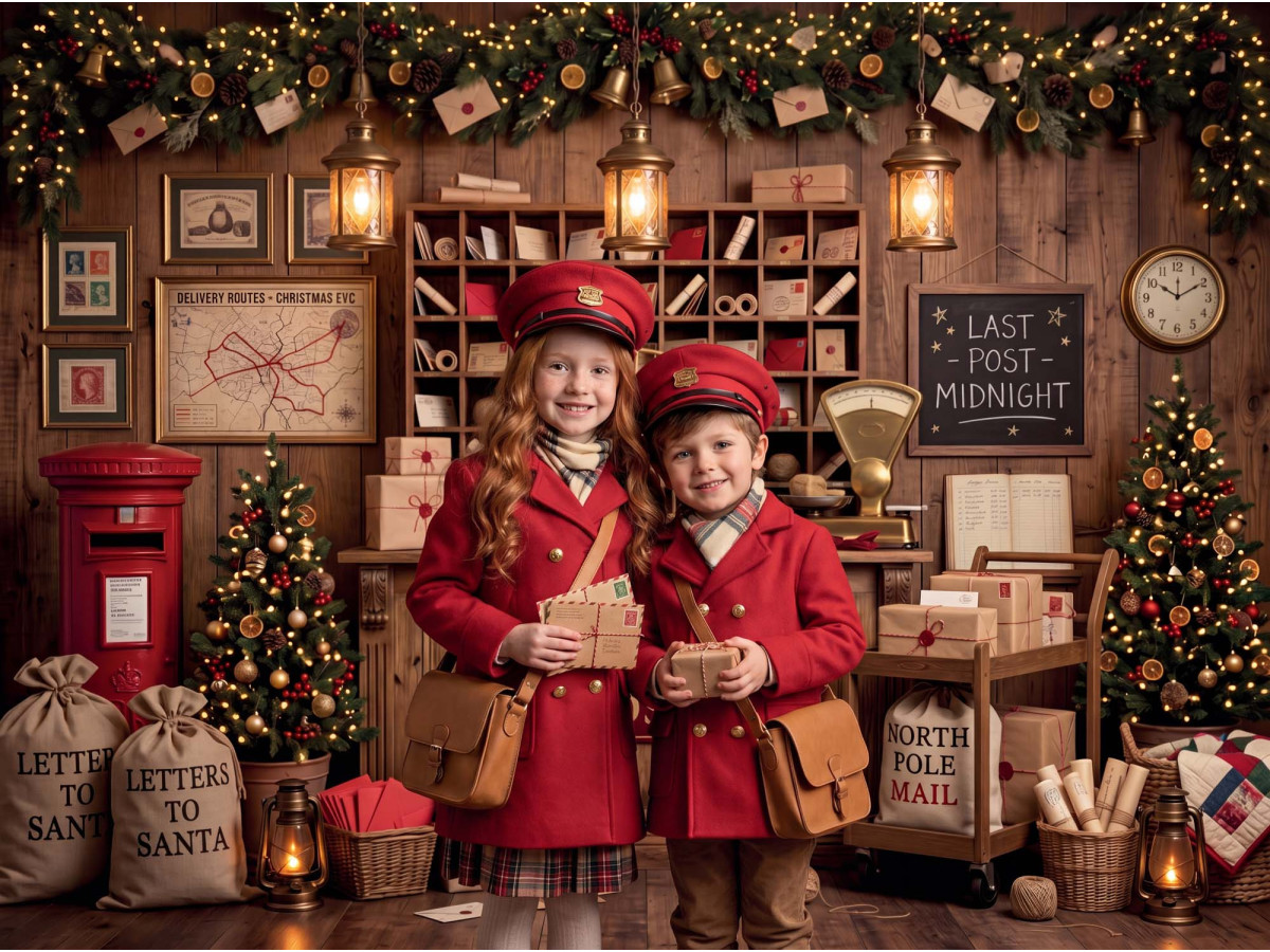 Fond photo d'angle de Noël North Pole Post – bureau de poste du pôle Nord en coin avec parquet | Colors&Drops