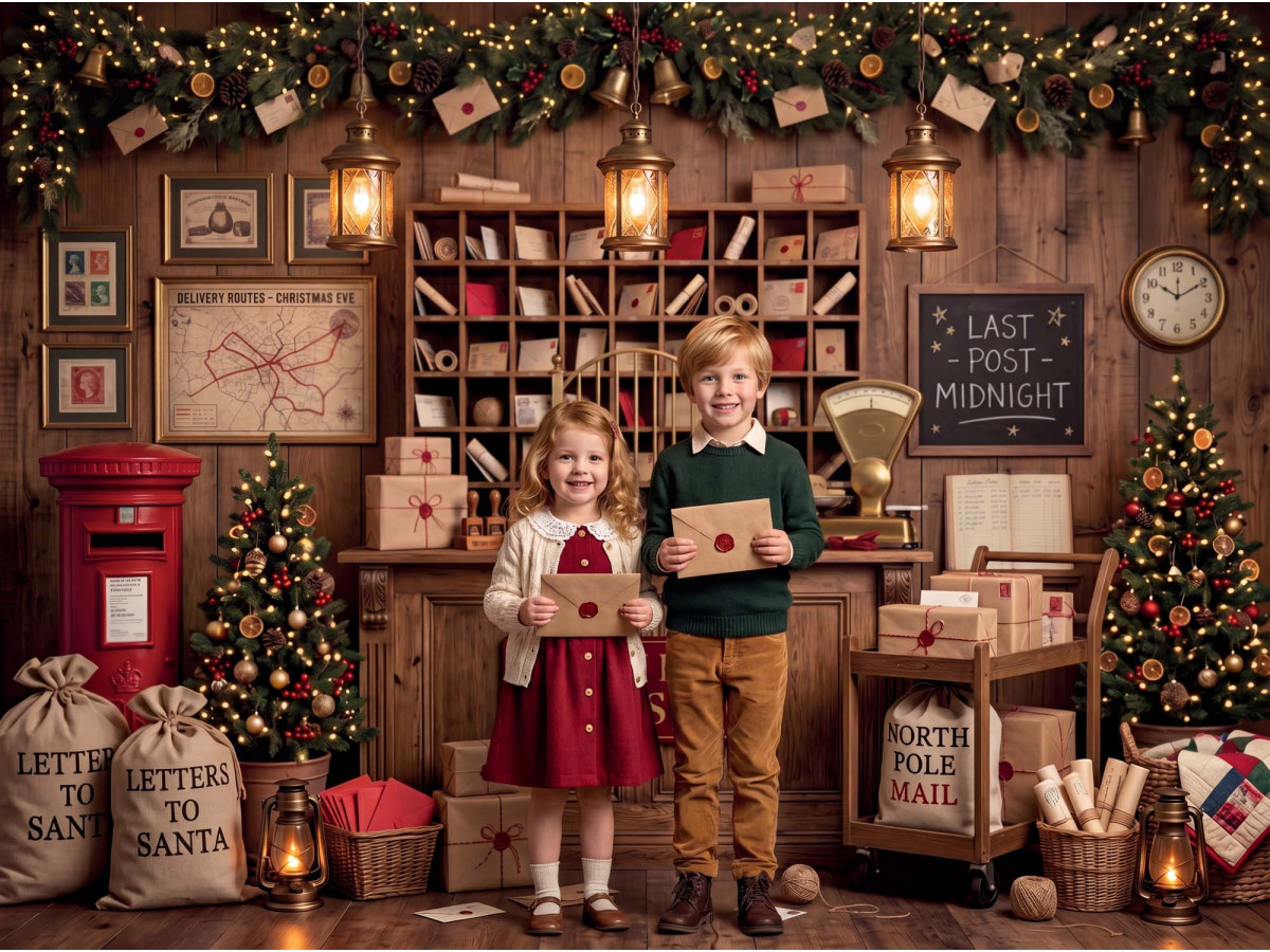 Fond photo de Noël North Pole Post – bureau de poste du pôle Nord avec boîte aux lettres | Colors&Drops