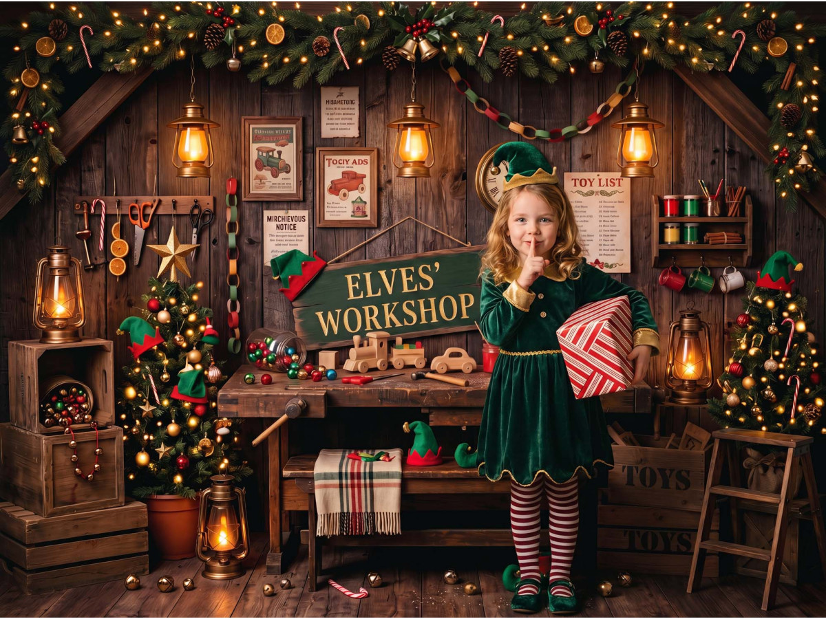 Fond photo de Noël Elves Workshop – atelier des elfes avec établi et cheval à bascule | Colors&Drops