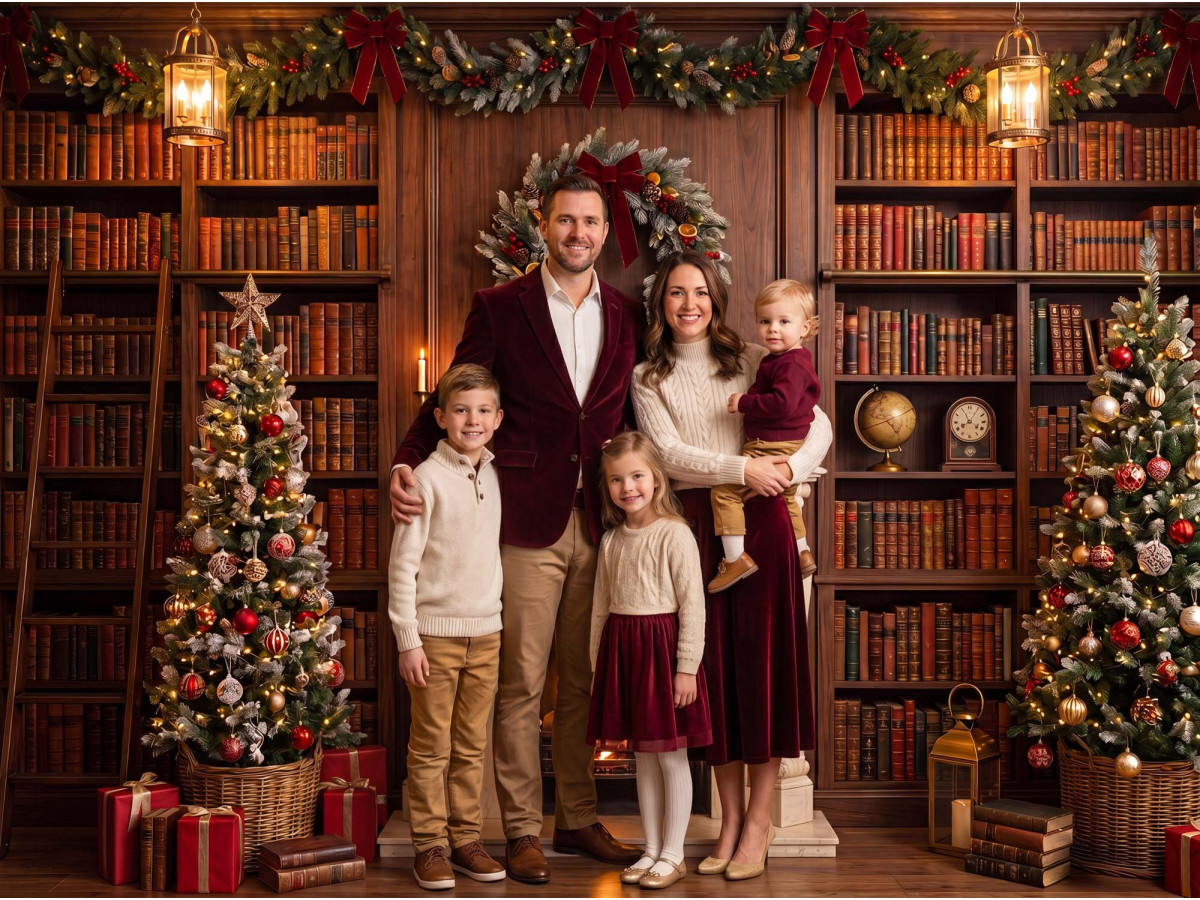 Fond photo de Noël Oldtheque – bibliothèque ancienne avec cheminée blanche et sapins | Colors&Drops