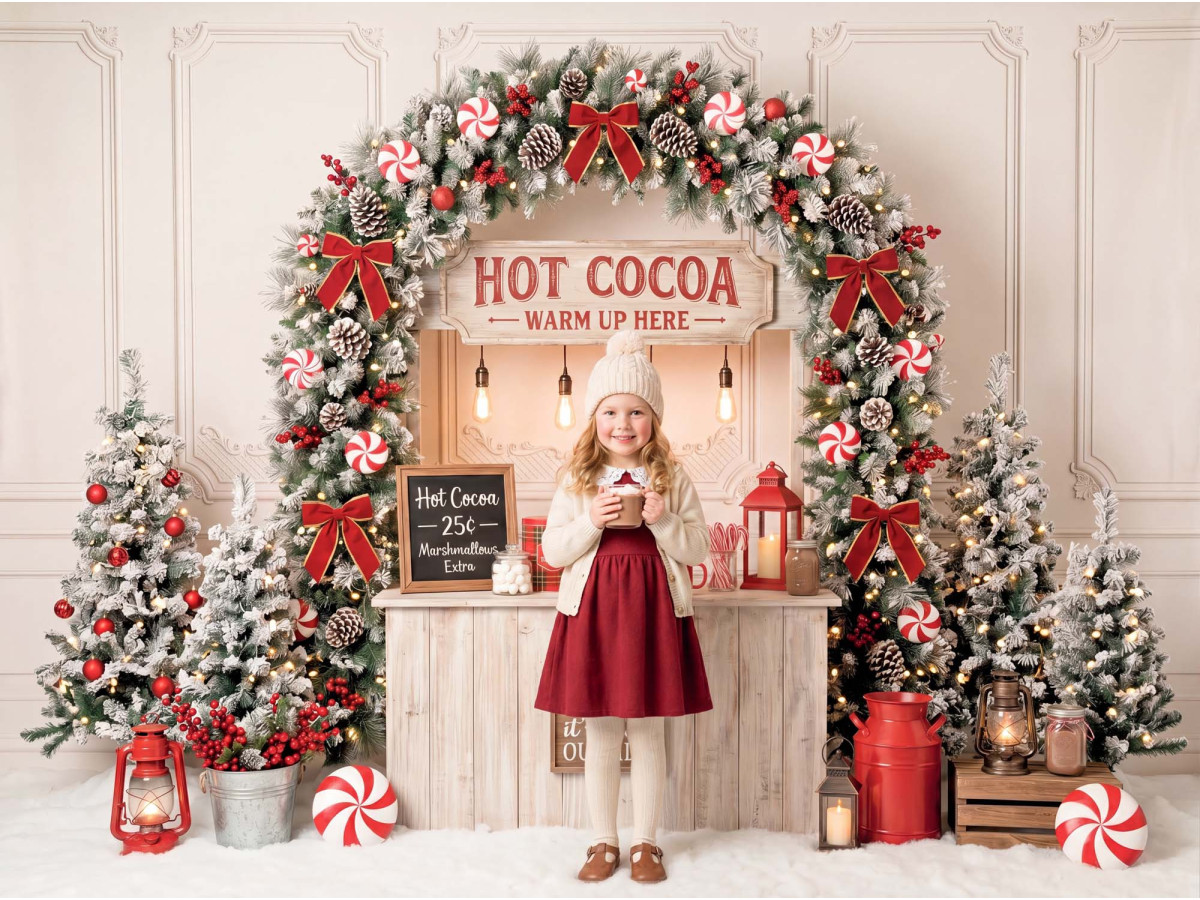 Fondo fotográfico de Navidad Cocoa Corner – puesto Hot Cocoa navideño con arco y árboles | Colors&Drops