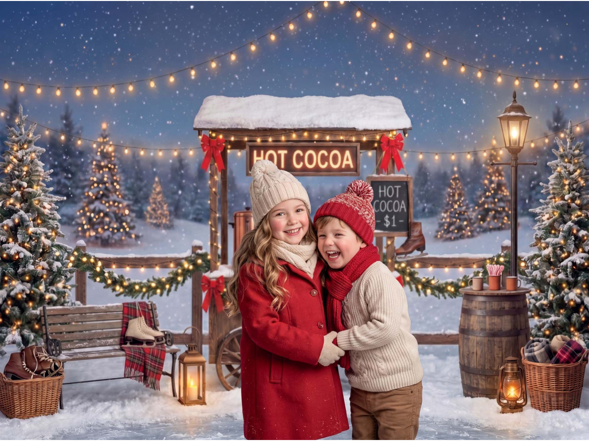 Christmas photo backdrop Hot Cocoa Patinoire – hot Cocoa stand at night with string lights | Colors&Drops