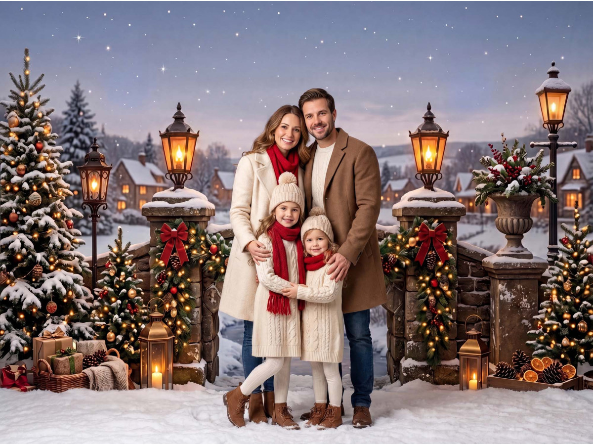 Fondo fotográfico de esquina de Navidad Le Petit Pont – pequeño puente nevado en esquina con suelo adoquinado | Colors&Drops