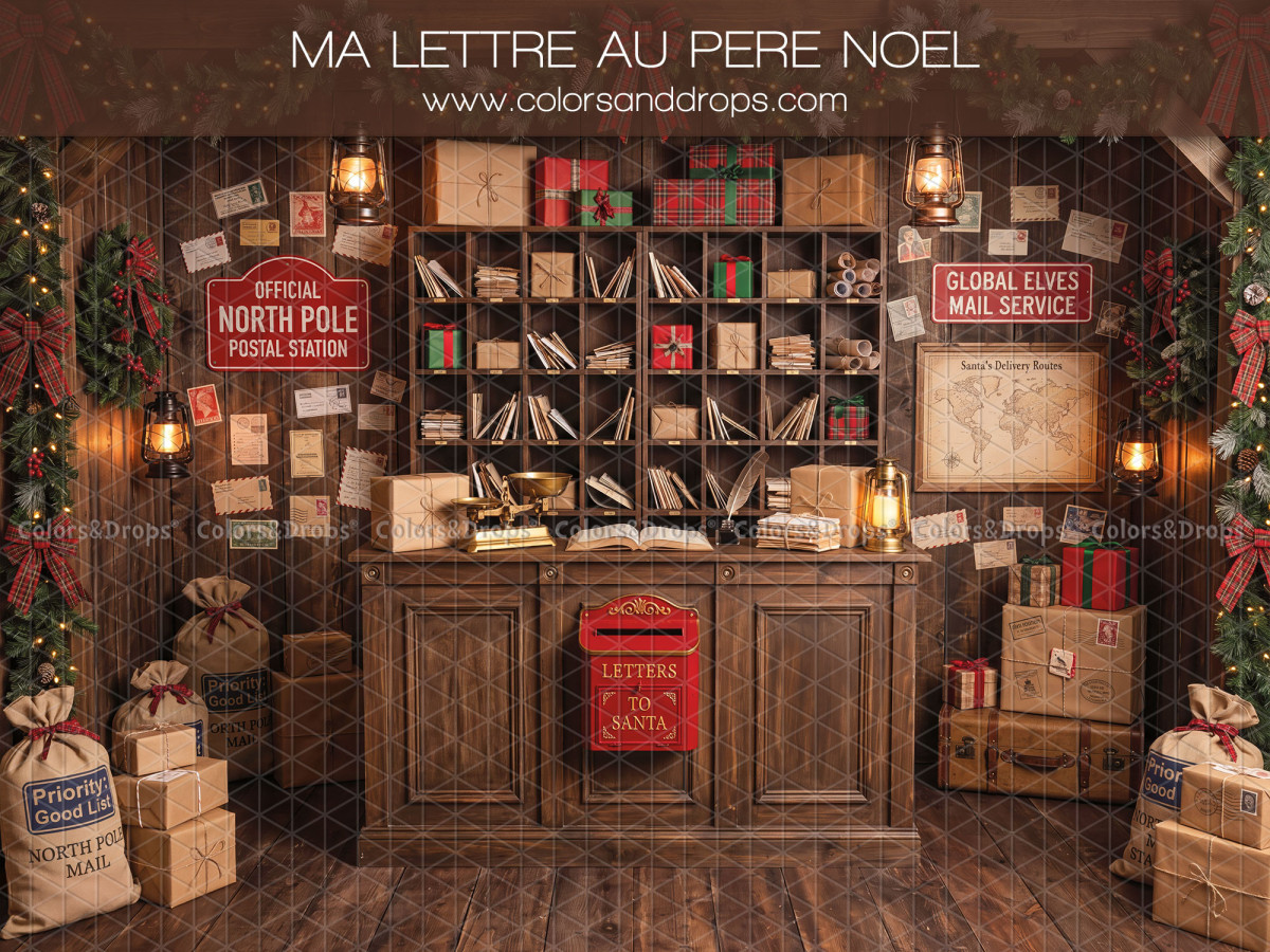 Fond photo de Noël Ma Lettre au Pere Noel – bureau de poste du pôle Nord avec casiers et comptoir | Colors&Drops
