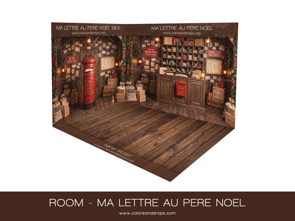 Fond photo d'angle Room Noël Ma Lettre au Pere Noel – bureau de poste du Père Noël en coin avec parquet | Colors&Drops