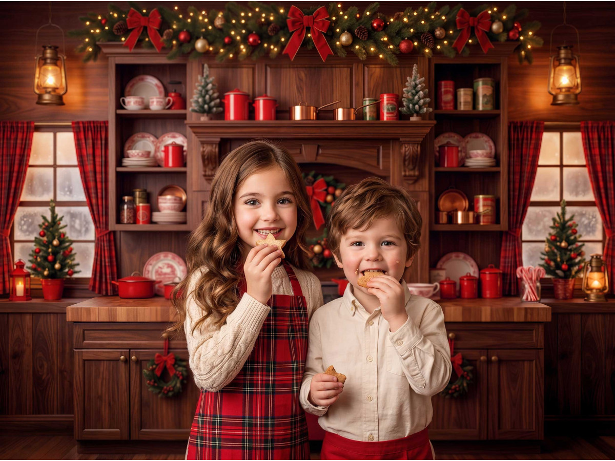 Fond photo de Noël Holiday Baking – cuisine de Noël en bois avec cuisinière rouge | Colors&Drops