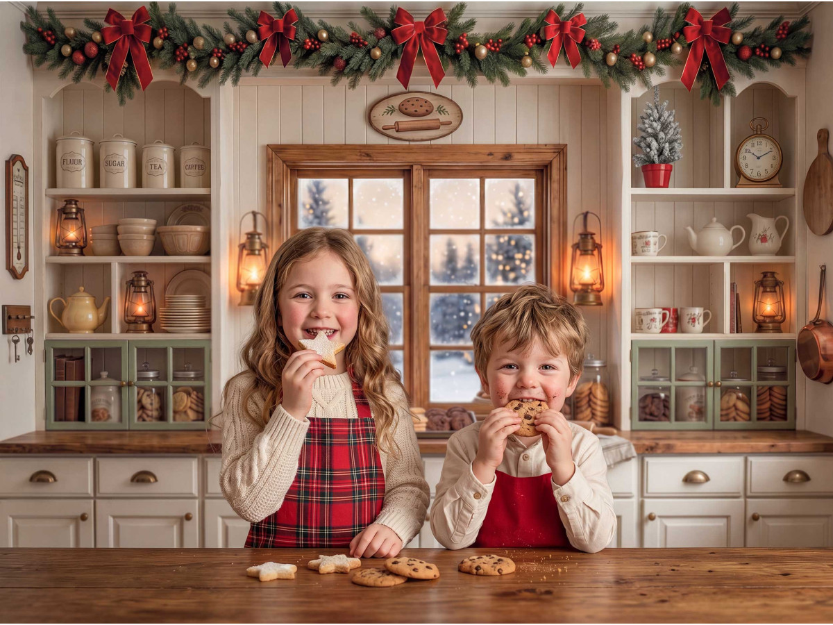 Fondo fotográfico de Navidad Only Kitchen – cocina blanca con ventana nevada y estantes | Colors&Drops