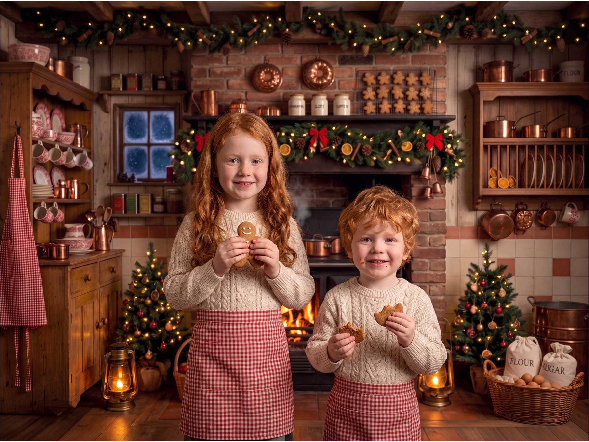 Fond photo de Noël Vintage Christmas Kitchen – cuisine de Noël vintage avec cuisinière et brique | Colors&Drops
