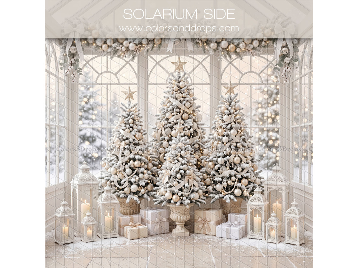 Fondo fotográfico lateral de Navidad Solarium Side – solárium blanco con árboles y faroles | Colors&Drops