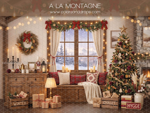 Christmas photo backdrop A la Montagne – mountain Christmas living room with window and tree | Colors&Drops