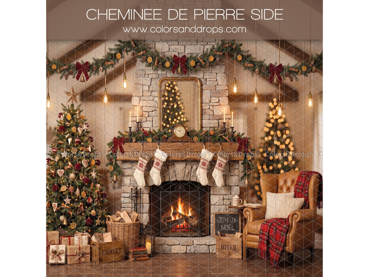Fond photo latéral de Noël Cheminee de Pierre Side – cheminée en pierre de Noël avec sapins et chaussettes | Colors&Drops