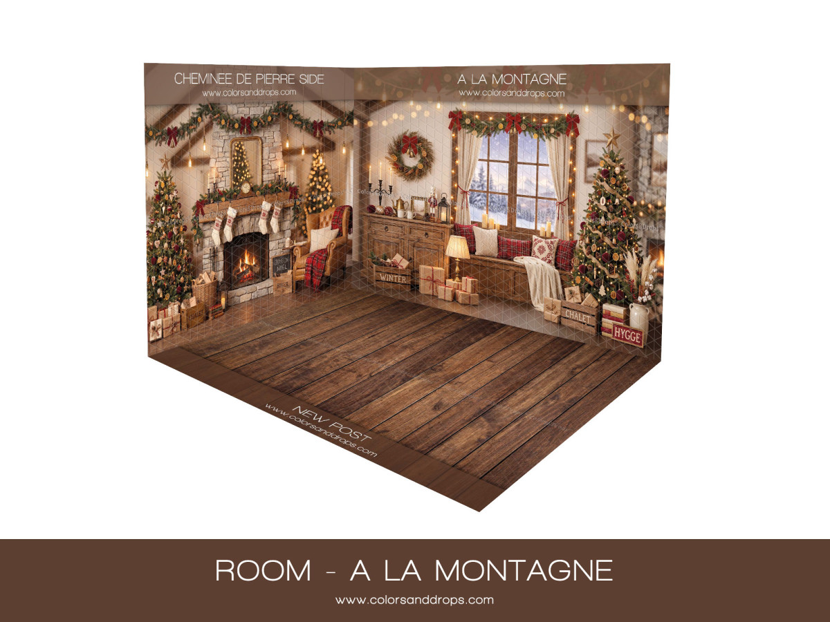 Corner photo backdrop Room de Noël a la Montagne – mountain Christmas living room with wooden floor | Colors&Drops