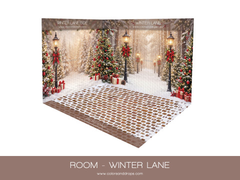 Fond photo d'angle de Noël Winter Lane – allée enneigée de Noël en coin avec sol pavé | Colors&Drops