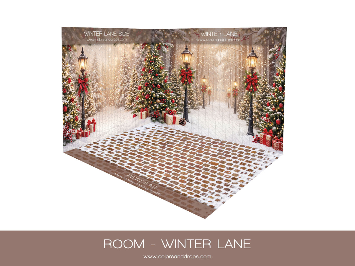 Fond photo d'angle de Noël Winter Lane – allée enneigée de Noël en coin avec sol pavé | Colors&Drops