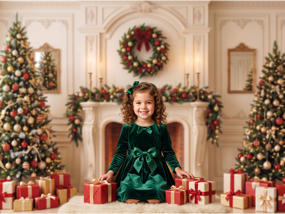 Fond photo de Noël O Christmas Tree – cheminée en marbre blanc avec couronne et sapins | Colors&Drops