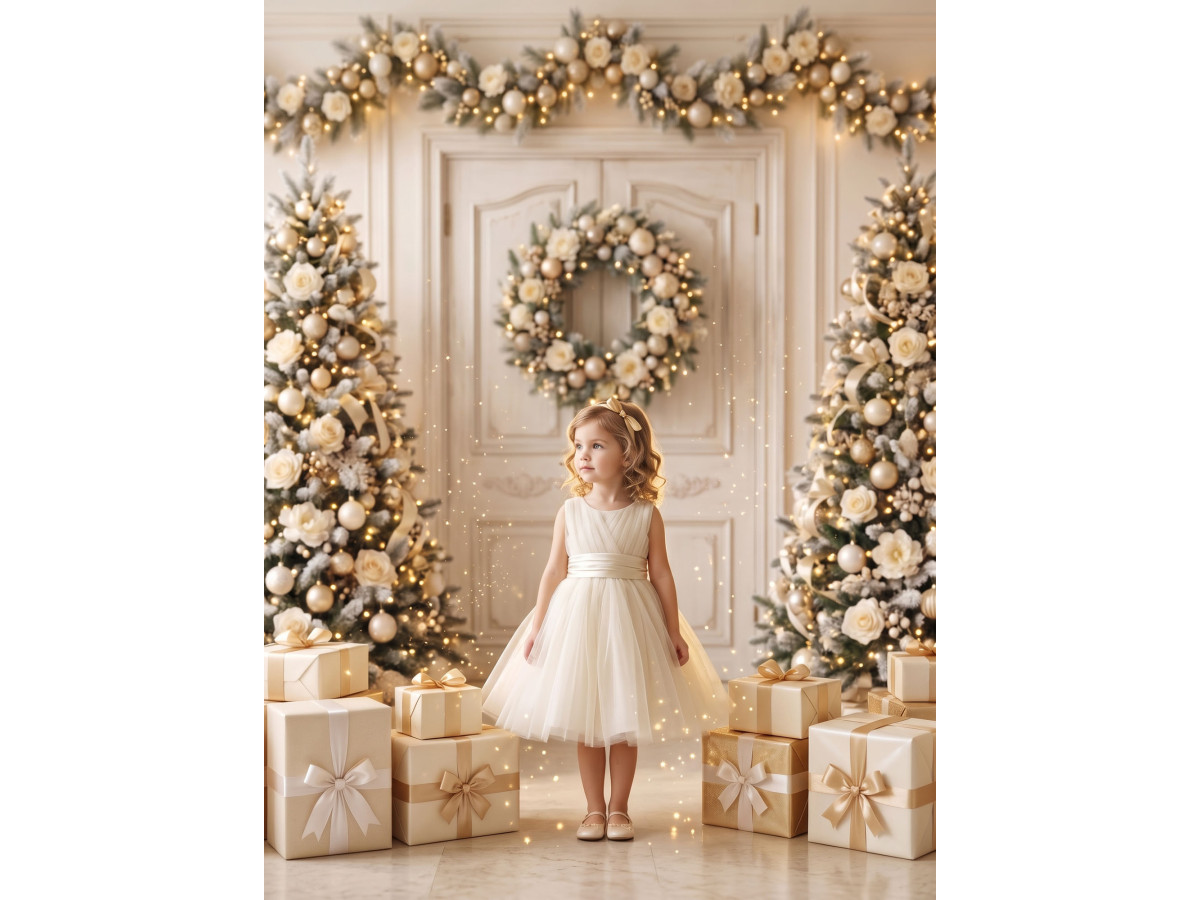 Fondo fotográfico de Navidad Ivory Gate – puerta blanca navideña con corona y árboles dorados | Colors&Drops