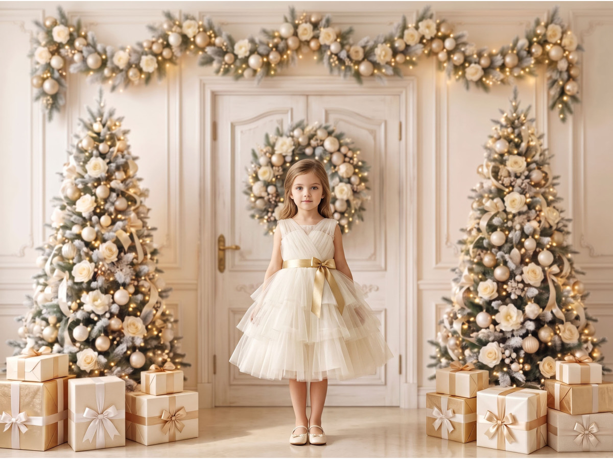 Fond photo d'angle de Noël Ivory Gate – salon de Noël ivoire en coin avec parquet chevron | Colors&Drops