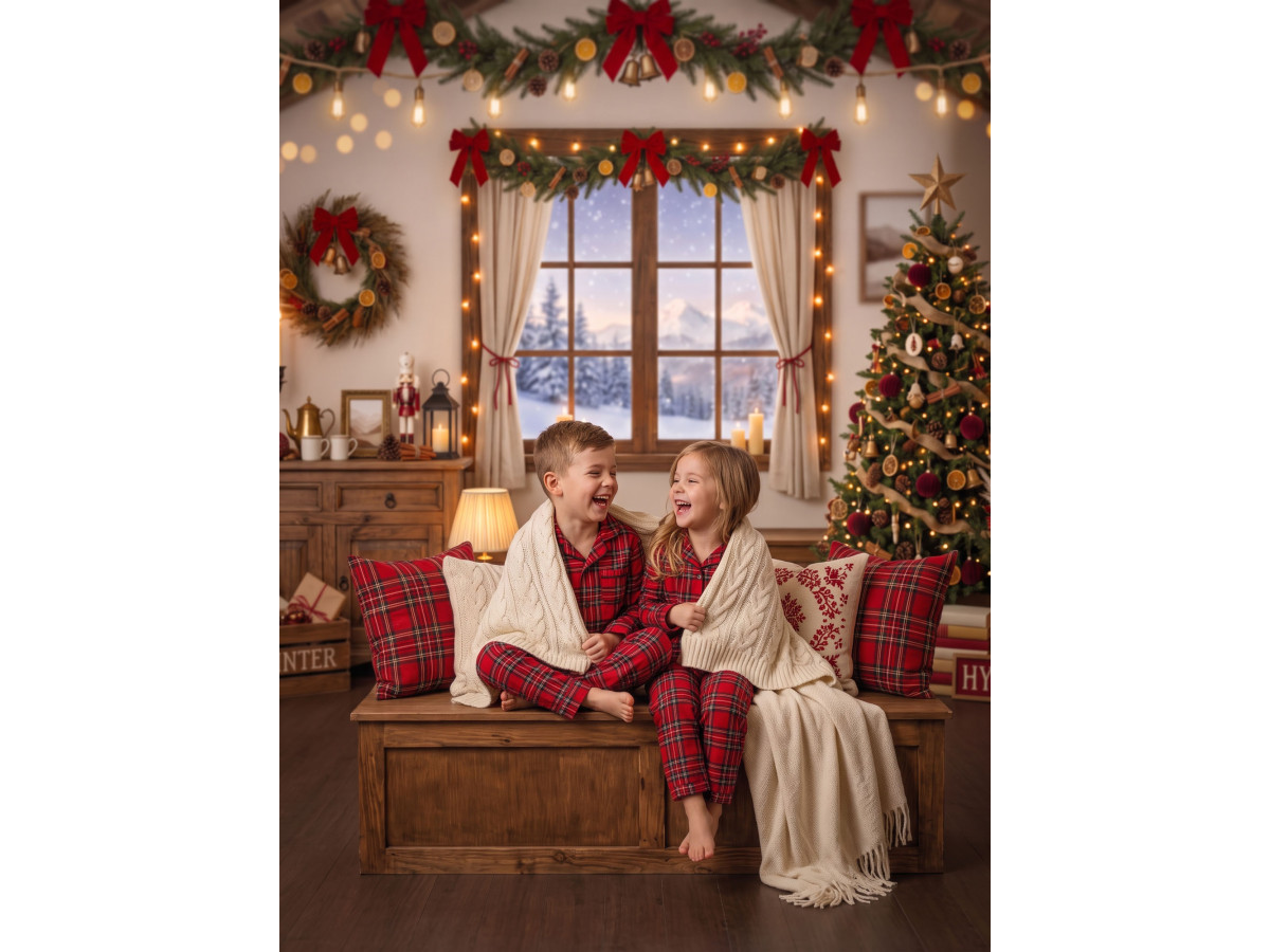 Corner photo backdrop Room de Noël a la Montagne – mountain Christmas living room with wooden floor | Colors&Drops