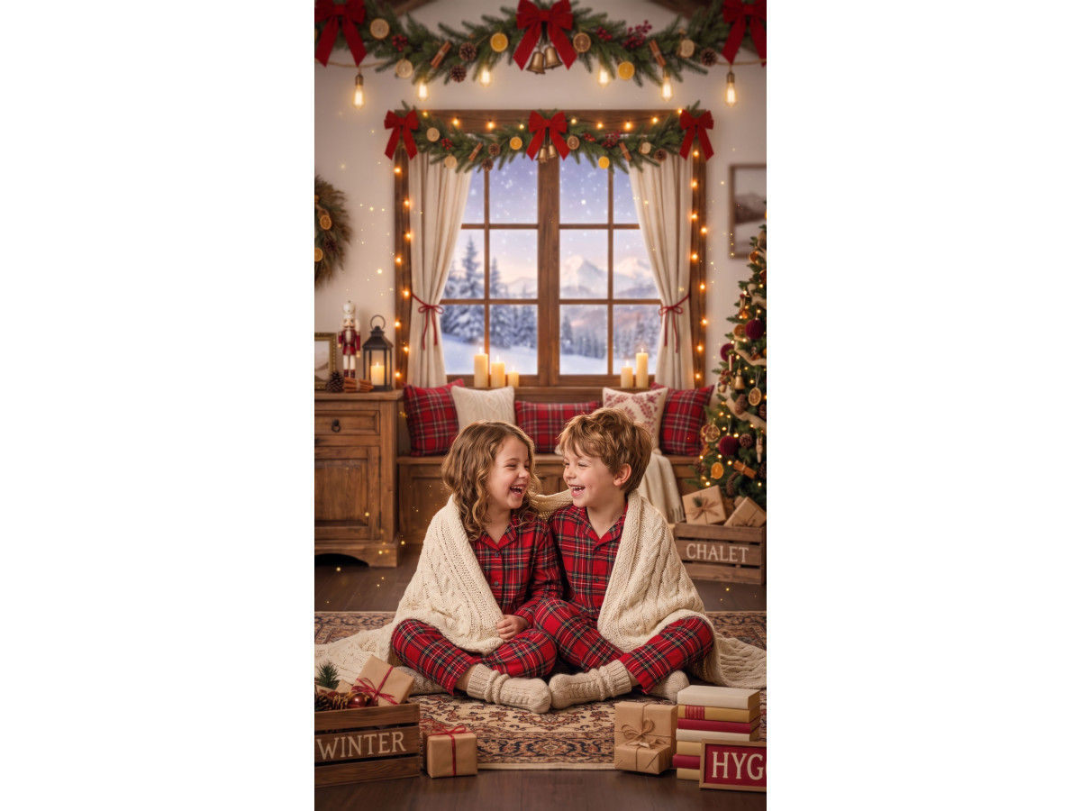 Corner photo backdrop Room de Noël a la Montagne – mountain Christmas living room with wooden floor | Colors&Drops