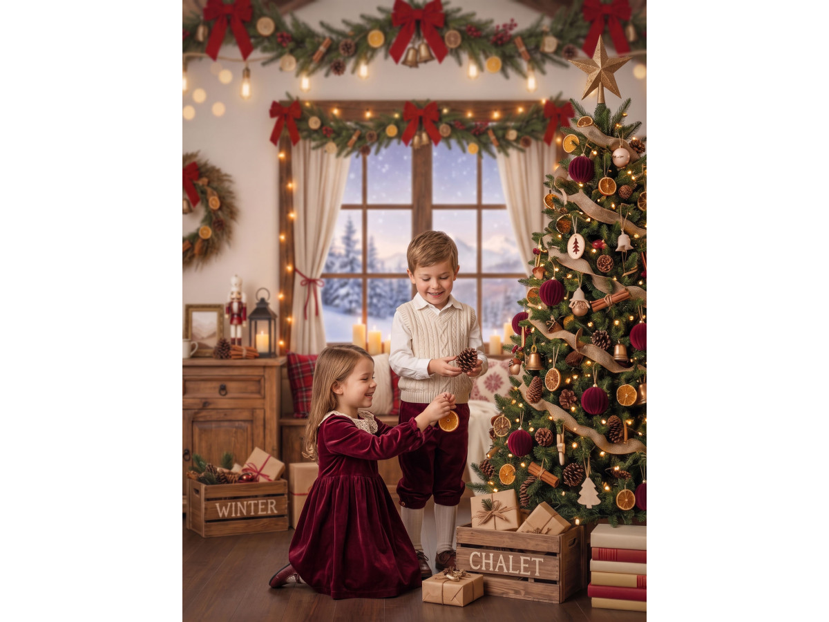 Corner photo backdrop Room de Noël a la Montagne – mountain Christmas living room with wooden floor | Colors&Drops